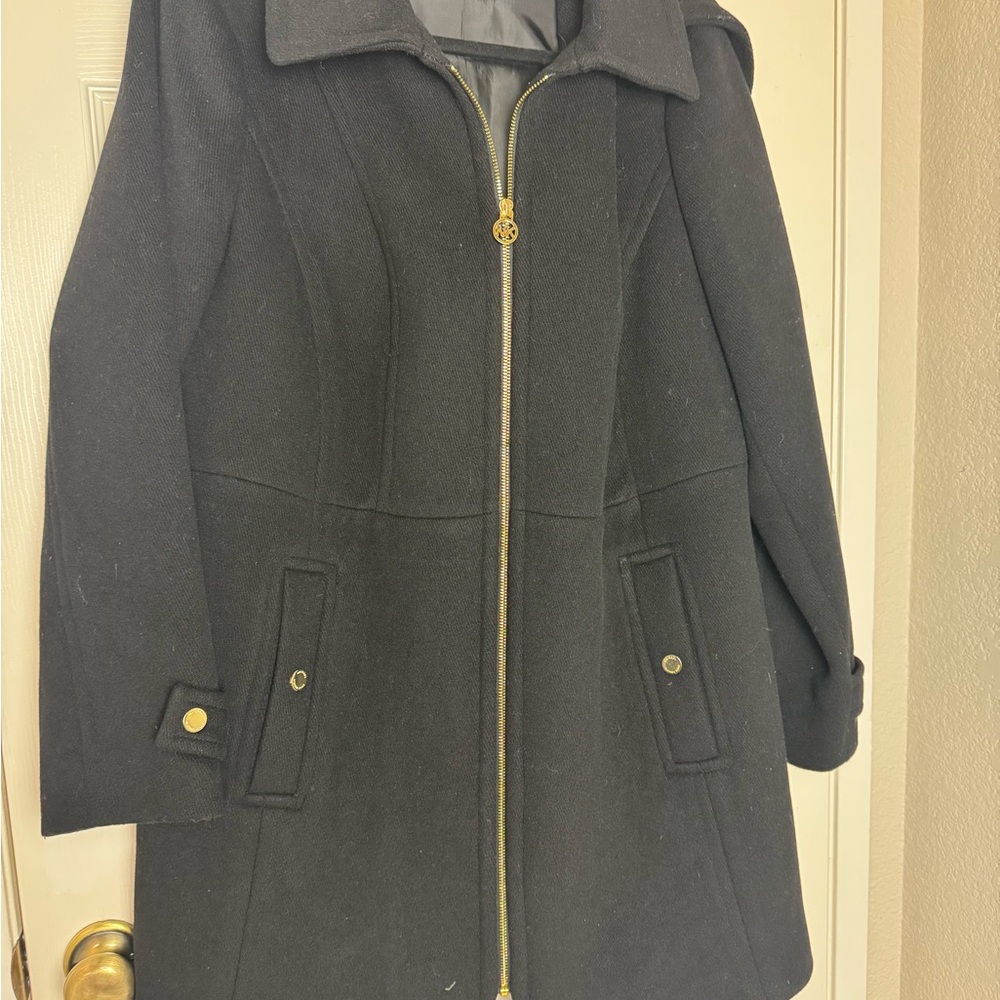 Michael Kors Black hooded Pea Coat with Gold Accents